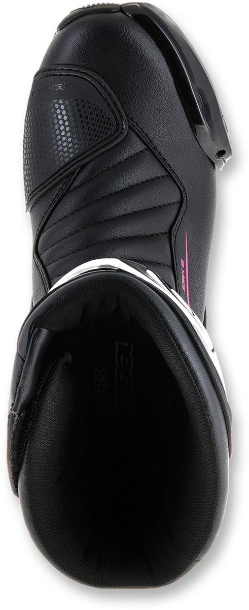 Alpinestars SMX-6 v2 vented motorcycle boots in black, pink, and white with US size 7, side view showing protective design.