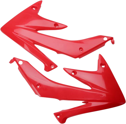 Acerbis red radiator shrouds for motorcycle body protection, designed for durability and style.