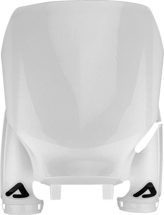 White ACERBIS Raptor number plate mounted on a vehicle, showcasing the body style and brand details.