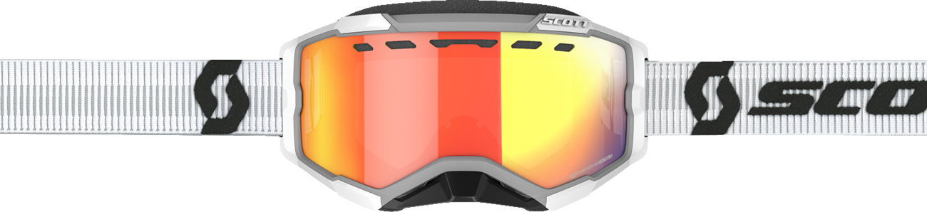Scott Fury Snow Goggles with light-sensitive lenses, white frame, and red chrome accents, designed for snow sports.