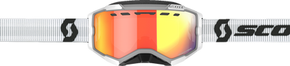 Scott Fury Snow Goggles with light-sensitive lenses, white frame, and red chrome accents, designed for snow sports.