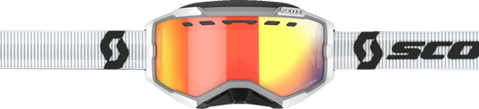 Scott Fury Snow Goggles with light-sensitive lenses, white frame, and red chrome accents, designed for snow sports.