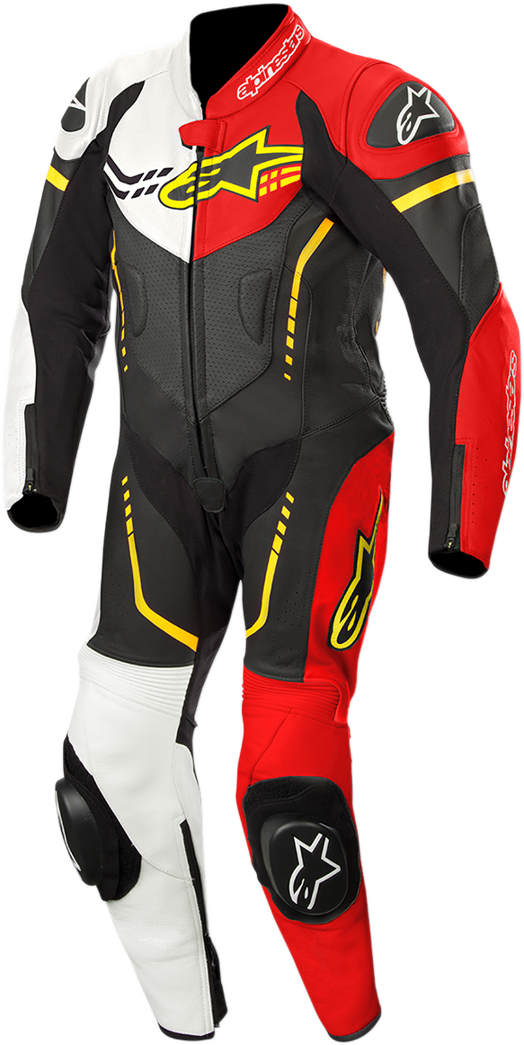 Alpinestars youth GP Plus 1-piece leather motorcycle suit in black, white, red fluorescent, and yellow fluorescent, size US 26.