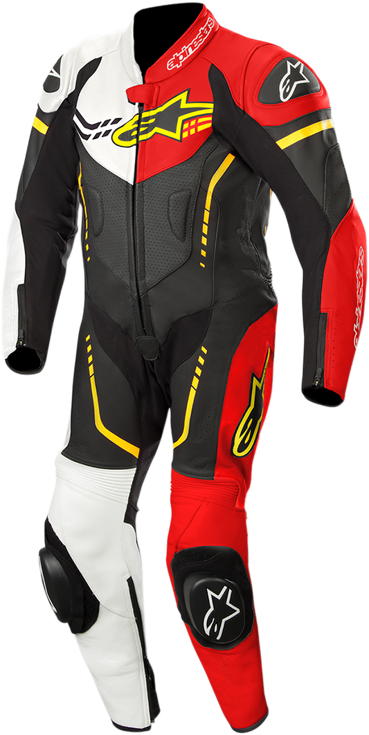 Alpinestars youth GP Plus 1-piece leather motorcycle suit in black, white, red fluorescent, and yellow fluorescent for boys.
