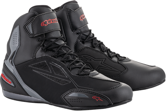 Alpinestars Faster-3 Drystar® riding shoes in black, gray, and red, US size 7.5, showing the sporty design and protective features