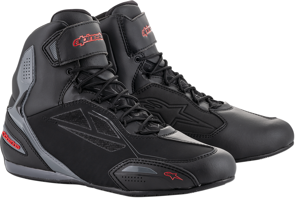 Alpinestars Faster-3 Drystar® motorcycle shoes in black, gray, and red with protective design, US size 6, high-performance footwear.