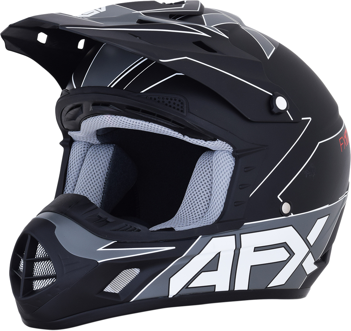 Matte black and white AFX FX-17 motorcycle helmet in large size, featuring aerodynamic design and secure strap closure.