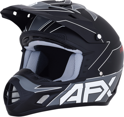 Matte black and white AFX FX-17 motorcycle helmet in large size, featuring aerodynamic design and secure strap closure.