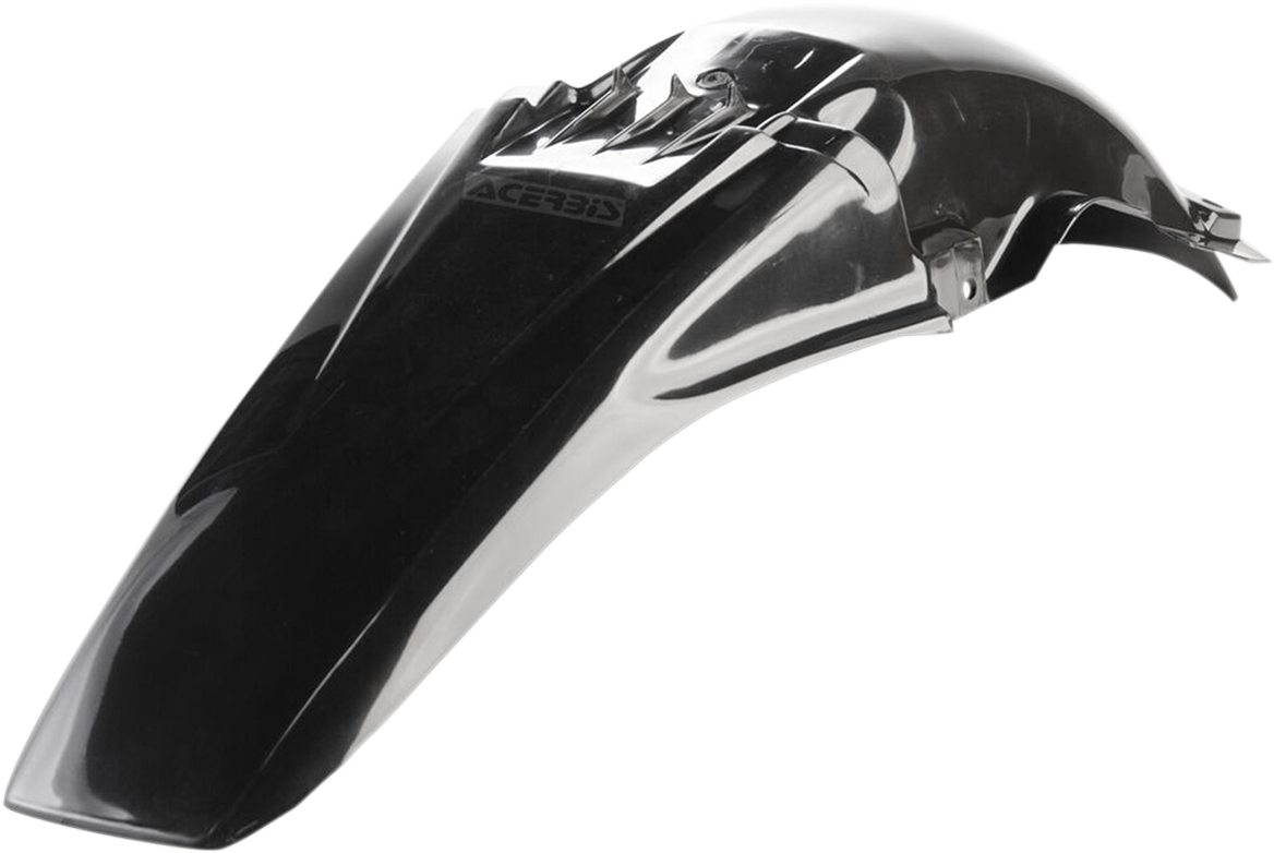 Acerbis black rear fender for motocross bikes, durable plastic body part designed for off-road motorcycle protection.
