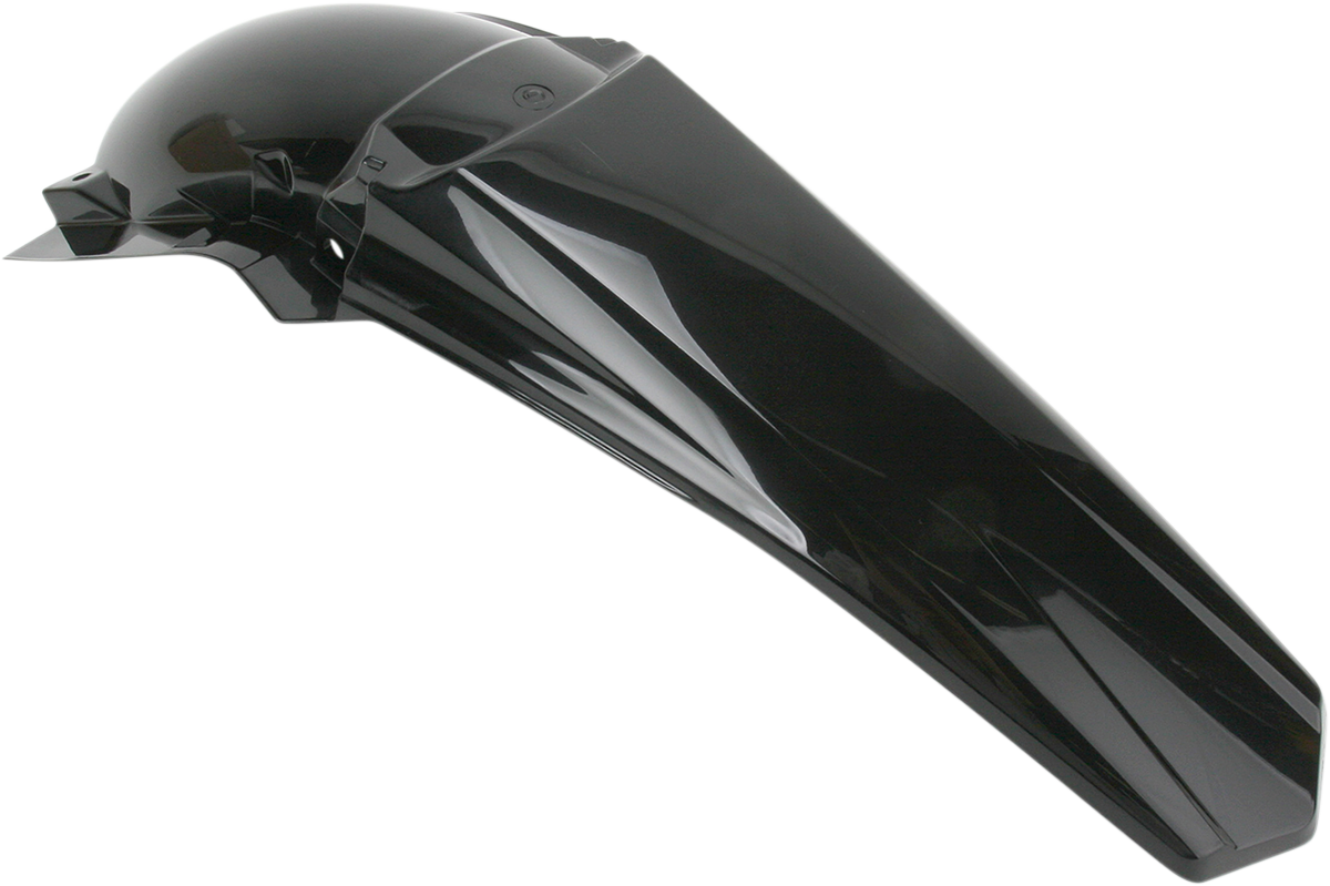 A black Acerbis rear fender for motorcycle, mounted on a bike, with a sleek curved design and product code 2040880001.