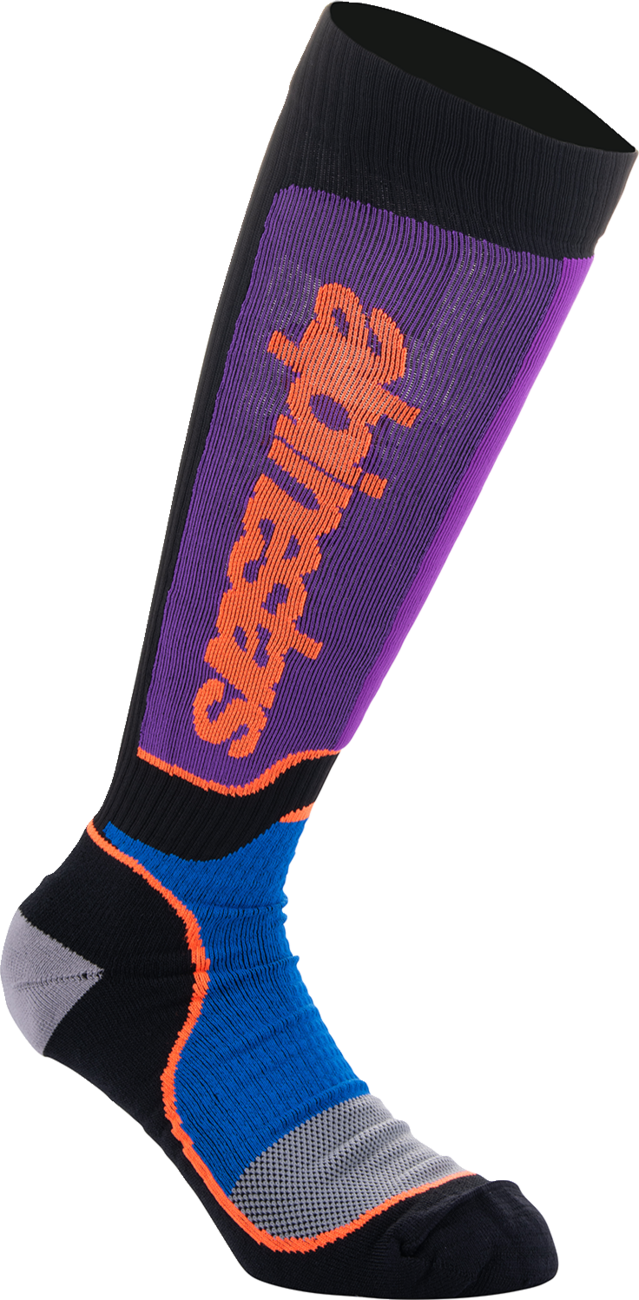 Alpinestars MX Plus motorcycle socks in black, purple, blue, and orange with reinforced areas, medium size.