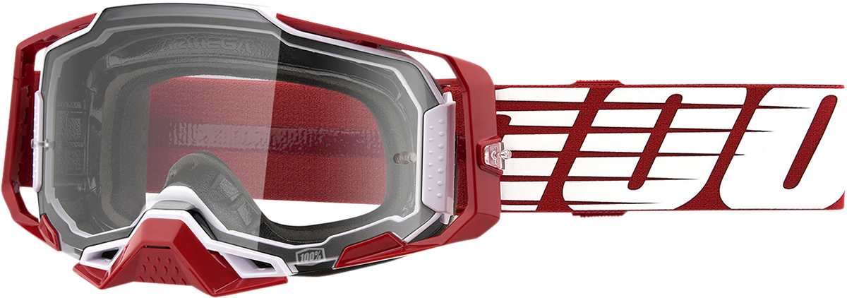 Bill's Exhausts Armega goggles in deep red with clear lenses, oversized design, perfect for motorcycle or sports use.