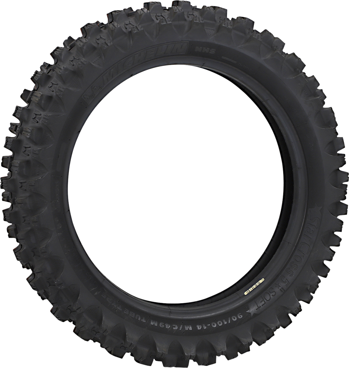 Michelin StarCross 5 Soft rear tire for off-road motorcycles, size 90/100-14, mounted on a wheel for dirt biking.