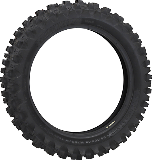 Michelin StarCross 5 Soft rear tire for off-road motorcycles, size 90/100-14, mounted on a wheel for dirt biking.