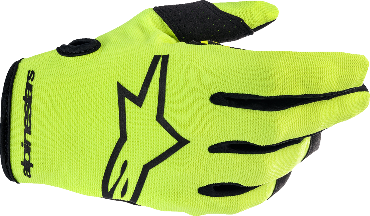 Alpinestars Youth Radar Gloves in fluo yellow and black, medium size, featuring protective padding and a secure wrist closure.