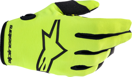 Alpinestars Youth Radar Gloves in fluo yellow and black, medium size, featuring protective padding and a secure wrist closure.