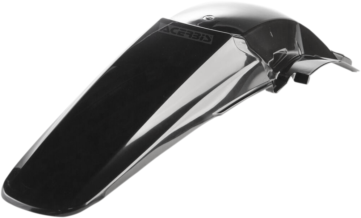 A black Acerbis rear fender for motorcycle displaying its sleek shape and mounting points, designed for durable body protection.