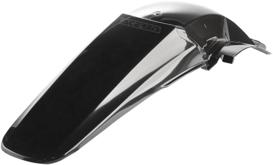 A black Acerbis rear fender for motorcycle displaying its sleek shape and mounting points, designed for durable body protection.
