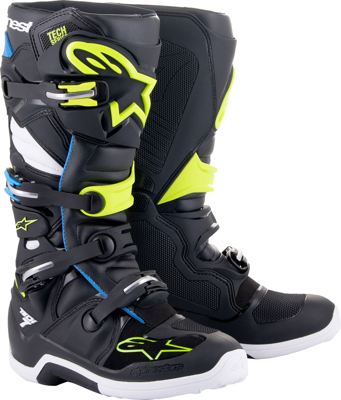 Alpinestars Tech 7 motocross boots in black, blue, and yellow fluorescent with sturdy design and ankle protection.
