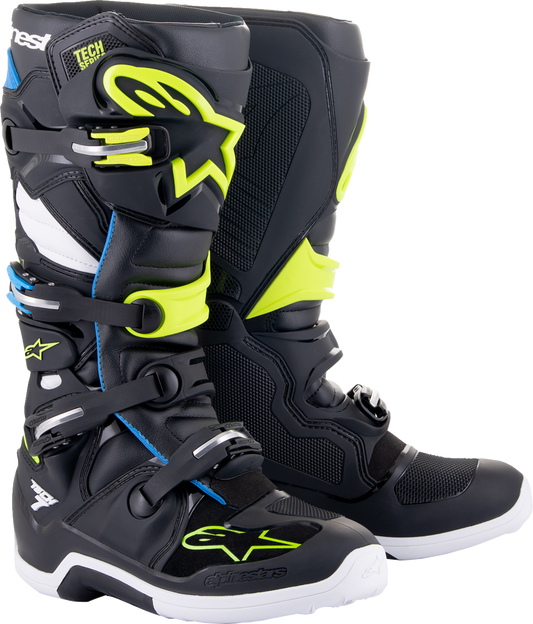 Alpinestars Tech 7 motorcycle boots in black, blue, and yellow fluorescent with protective design, US 13 size.