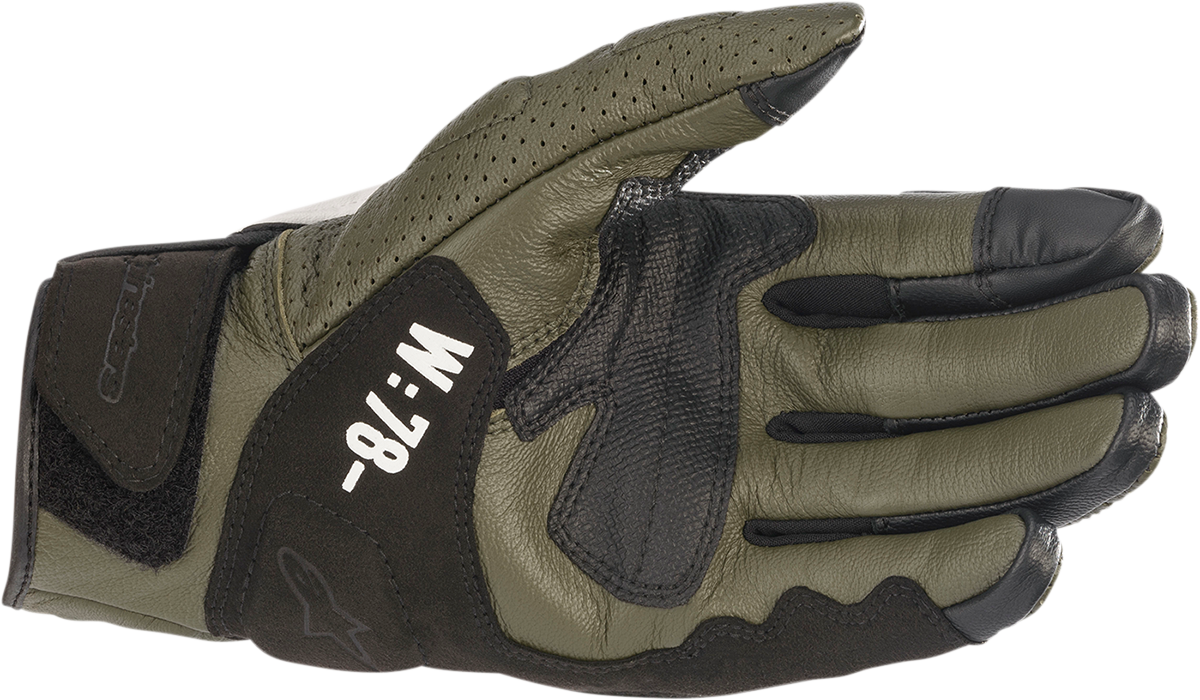 Alpinestars Kei motorcycle gloves in forest green, black, white, and fluo red with protective padding, size small.