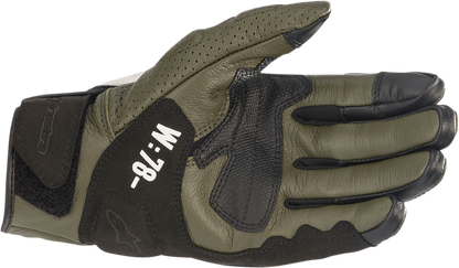 Alpinestars Kei motorcycle gloves in forest green, black, white, and fluo red with protective padding, size small.