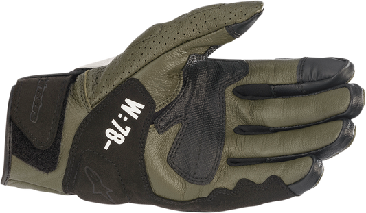 Alpinestars Kei motorcycle gloves in forest green, black, white, and fluo red with protective padding, size small.