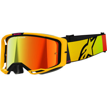 Alpinestars Vision 8 goggles with yellow and pink frame, red mirror lenses, designed for motocross or racing.