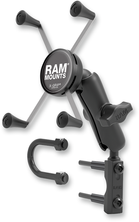 Bill's Exhausts RAM MOUNTS X-Grip handlebar device holder attached to motorcycle handlebar with brake kit, suitable for engine mounting.