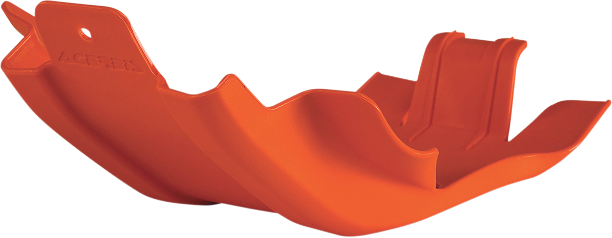 Orange Acerbis MX skid plate for motocross bikes, mounted on a motorcycle body, with durable protective design
