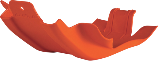 Orange Acerbis MX skid plate for motocross bikes, mounted on a motorcycle body, with durable protective design