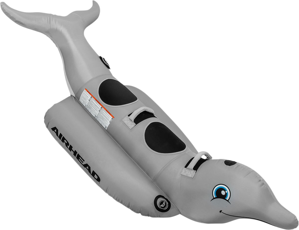 Dolphin-shaped inflatable water tube for tubing rides, featuring bright colors and handles, designed for water sports fun.