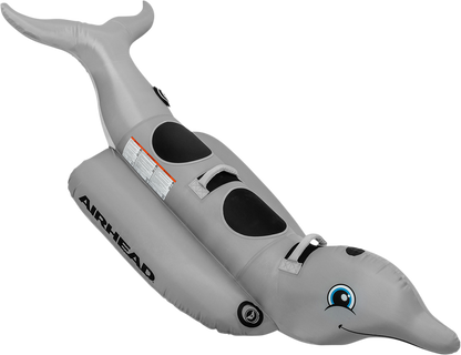 Dolphin-shaped inflatable water tube for tubing rides, featuring bright colors and handles, designed for water sports fun.