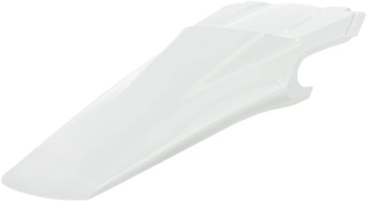 A white Acerbis rear fender for motorcycle, featuring a sleek body design, mounted on a bike with visible mounting points.