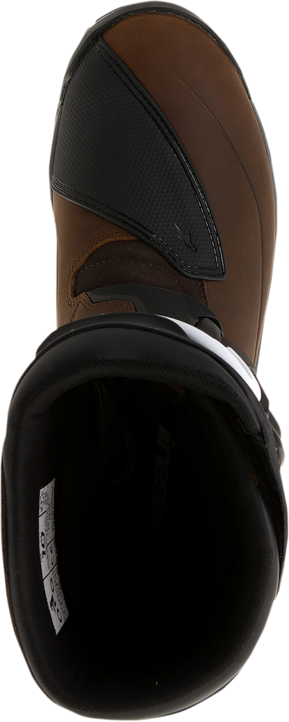 Alpinestars Corozal Adventure Boots in brown and black, US size 7, featuring rugged leather design and sturdy ankle protection.