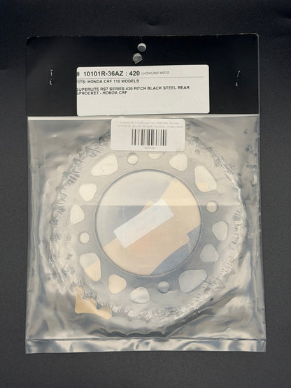 Superlite RS7 Series 420 pitch steel rear sprocket for Honda CRF110 motorcycle, showing the sprocket's teeth and metallic finish.