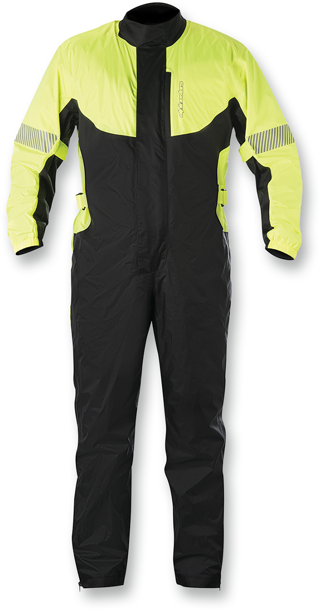 Yellow fluorescent and black ALPINESTARS Hurricane rainsuit, small size, waterproof motorcycle rain gear with reflective accents.
