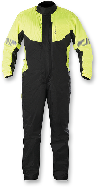 Yellow fluorescent and black ALPINESTARS Hurricane rainsuit, small size, waterproof motorcycle rain gear with reflective accents.