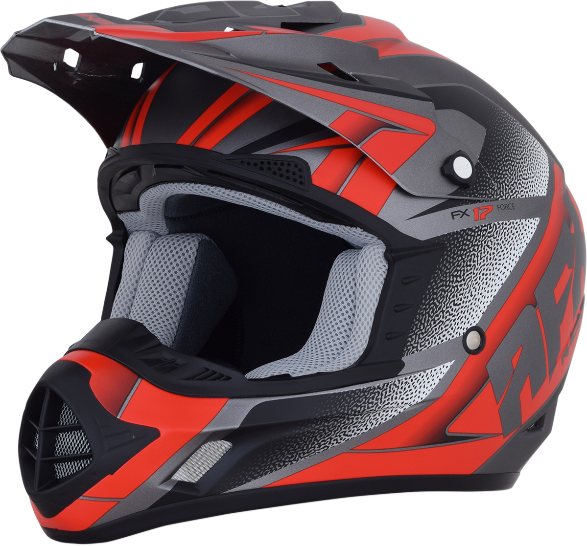 AFX FX-17 Helmet in Frost Gray and Red, medium size, featuring aerodynamic design and secure strap for motorcycle riding.