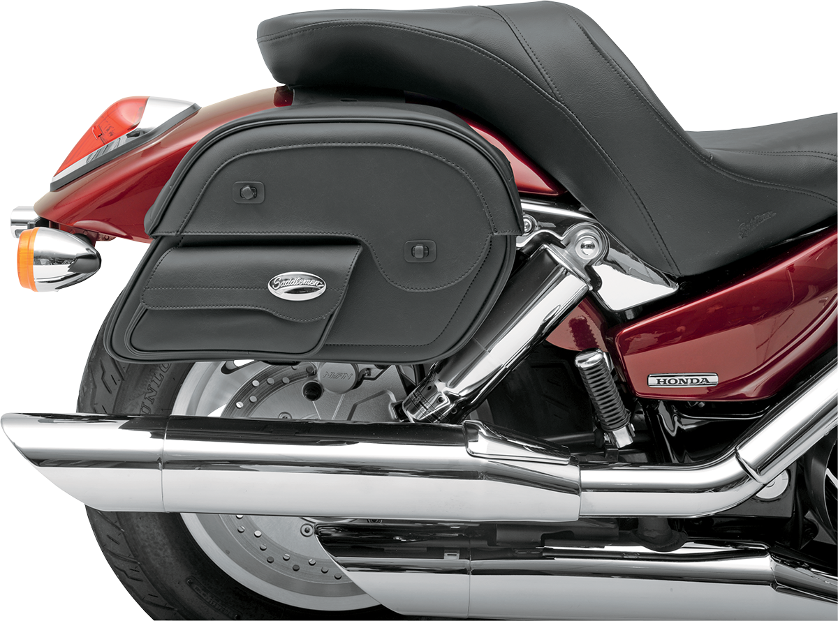 Large SADDLEMEN Cruis'n Slant Face Pouch Saddlebags on motorcycle seat, featuring durable leather and secure attachment points.