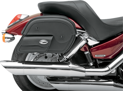 Large SADDLEMEN Cruis'n Slant Face Pouch Saddlebags on motorcycle seat, featuring durable leather and secure attachment points.