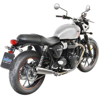 Open box Leovince Classic Racer dual mufflers for Street Twin 2016-2018 motorcycle, black exhaust pipes with branding.