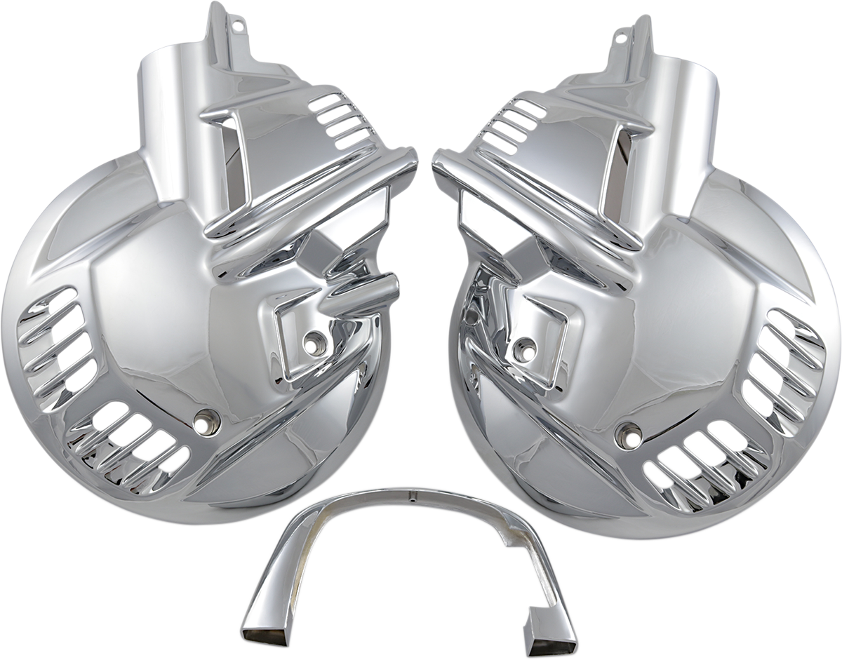 Bill's Exhausts SHOW CHROME rotor disc covers for engine, featuring chrome finish and detailed design on a vehicle engine component.
