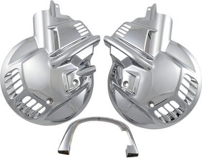 Bill's Exhausts SHOW CHROME rotor disc covers for engine, featuring chrome finish and detailed design on a vehicle engine component.