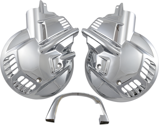 Bill's Exhausts SHOW CHROME rotor disc covers for engine, featuring chrome finish and detailed design on a vehicle engine component.