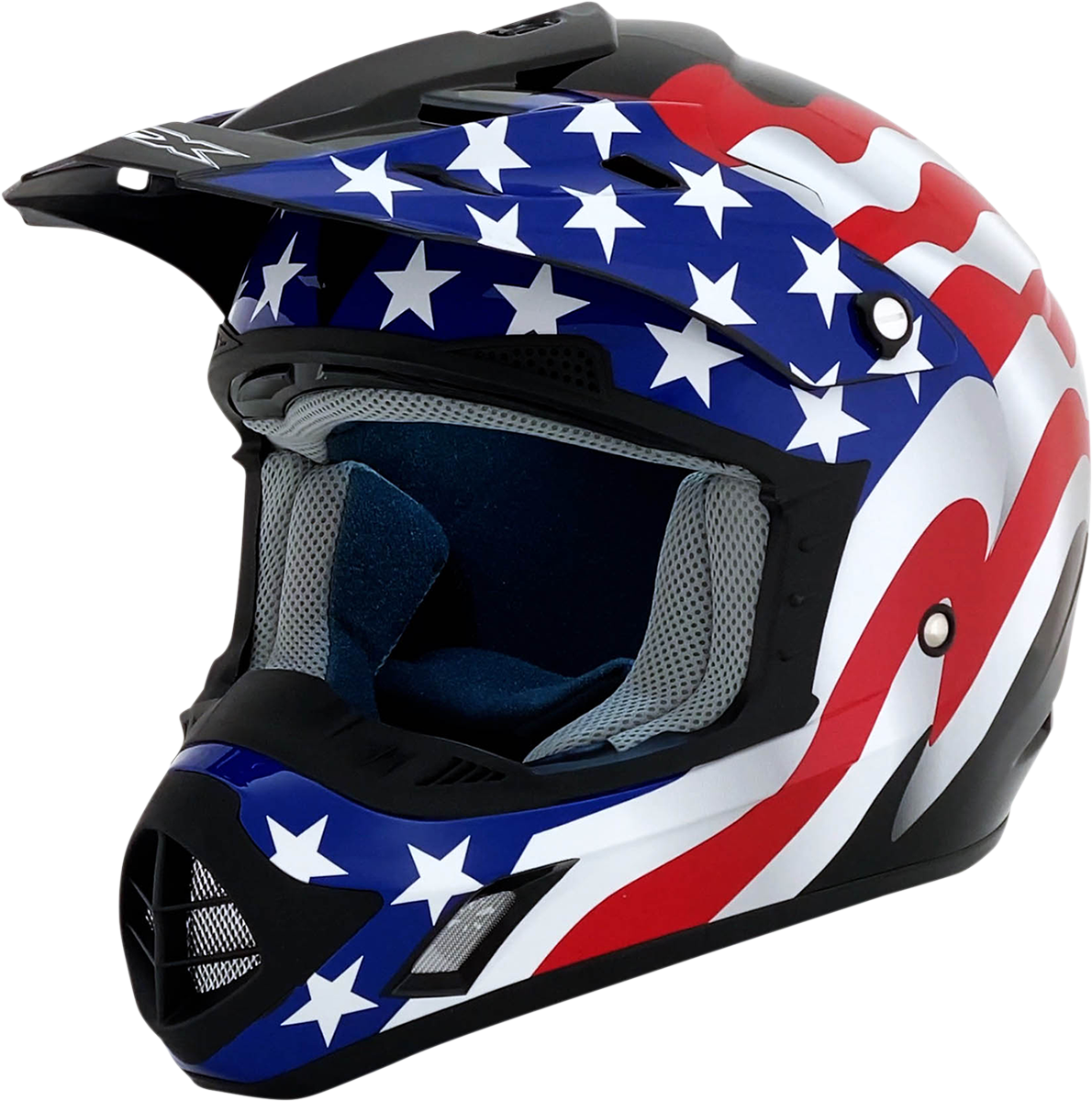 Black AFX FX-17 helmet with flag design in 4XL size, featuring a sleek motorcycle helmet style with branding details.
