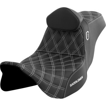 Bill's Exhausts SADDLEMEN Pro Series SDC performance motorcycle seat with backrest, white stitching on a FLH/FLT model, model SC80807WHIRT.