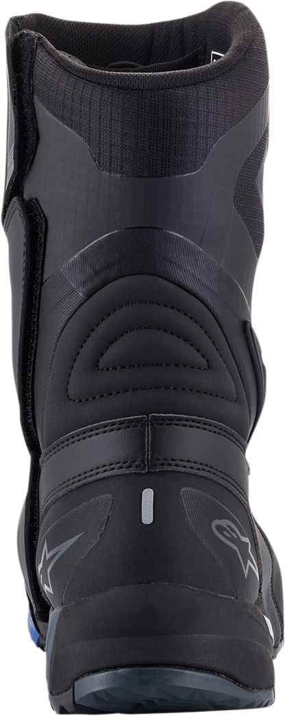 Alpinestars RT-8 Gore-Tex motorcycle boots in black and blue, US 12.5, EU 48, showing the sturdy design and waterproof features.