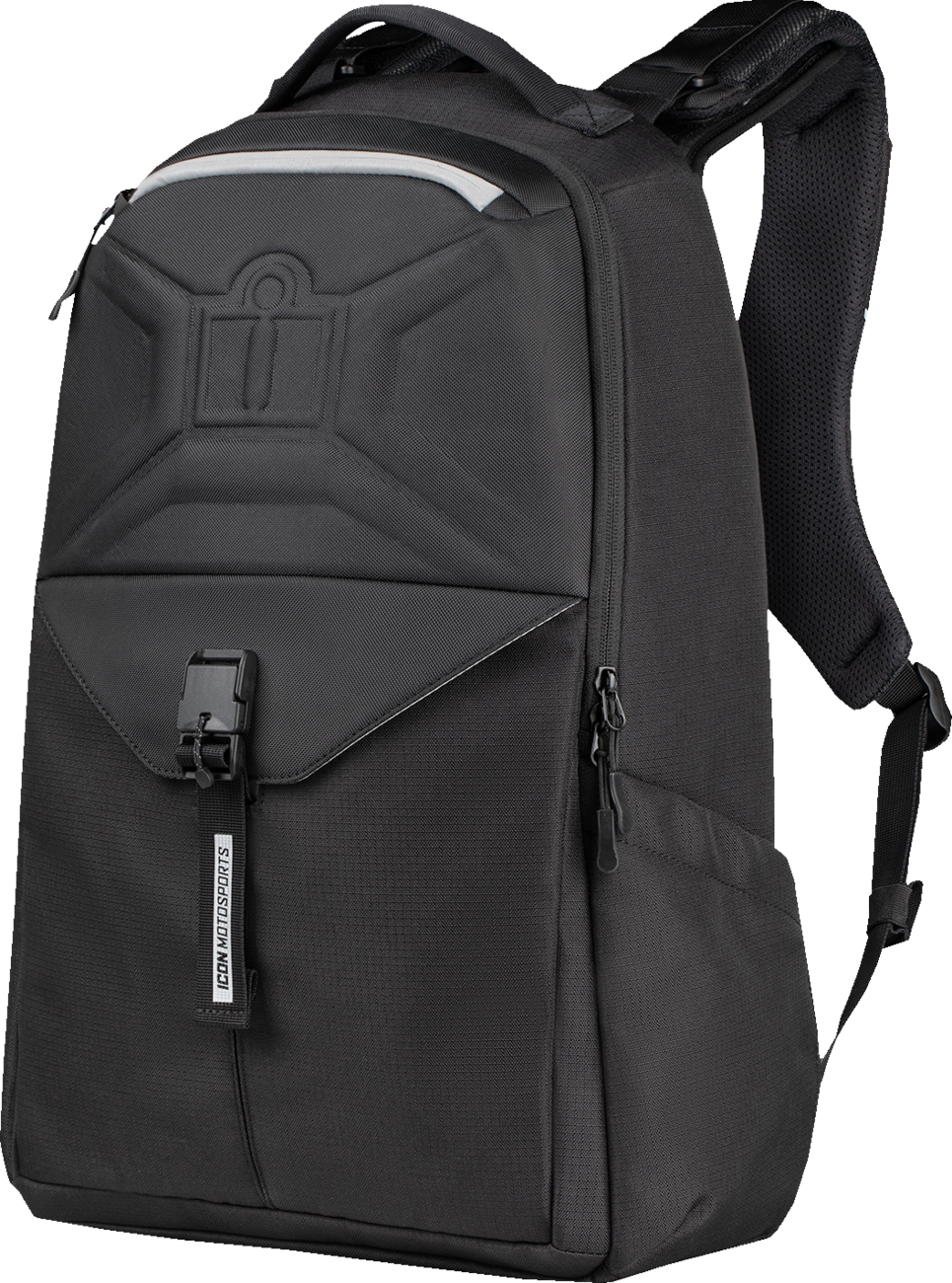 Black ICON Airflite backpack by Bill's Exhausts, featuring multiple compartments and padded shoulder straps for comfortable carrying.