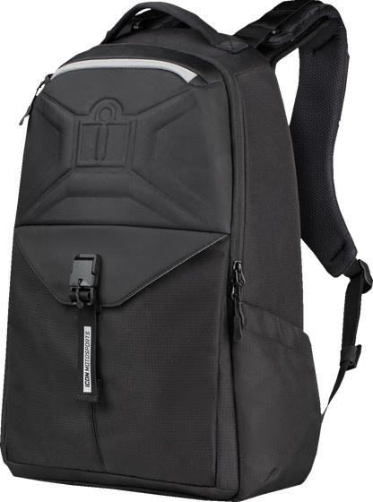 Black ICON Airflite backpack by Bill's Exhausts, featuring multiple compartments and padded shoulder straps for comfortable carrying.